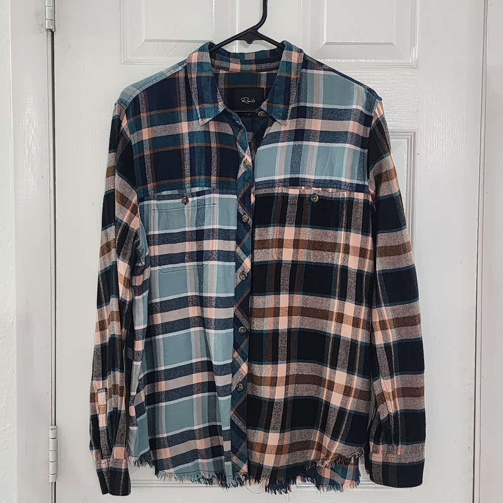 RAILS Brando Mixed Plaid Shirt Heathrow Raw Hem Flannel Large L Blue Peach
